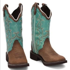 Justin boots, teal and brown in color and size 10.